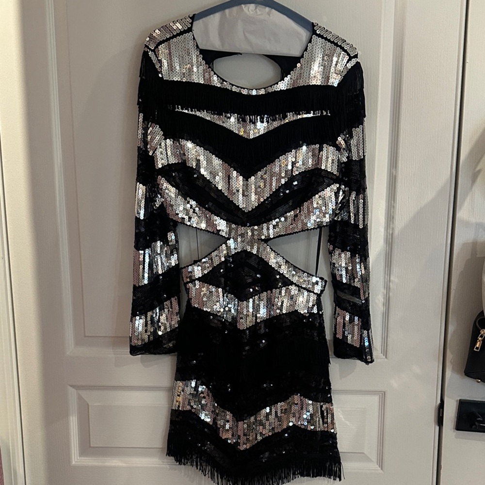 Fashion Nova Black and Silver Sequin Backless Dress
